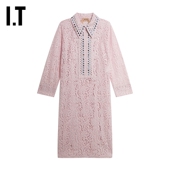 N21女装 翻领连衣裙优雅气质铆钉缀饰蕾丝镂空直筒裙1423