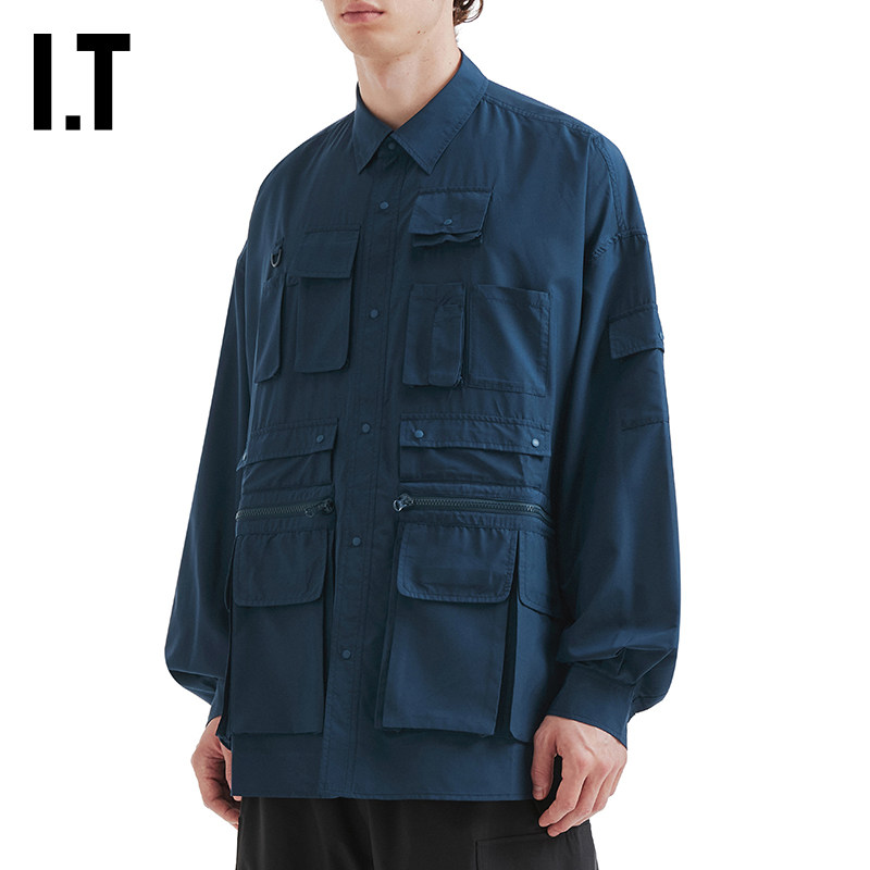 IT Fresh Service男装宽松长袖衬衫新款多口袋饰工装上衣50162BMP