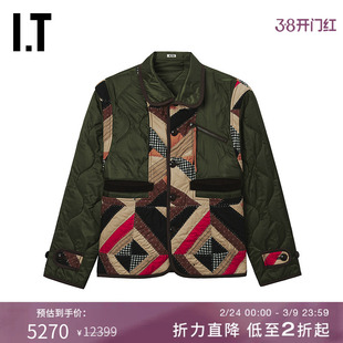 IT KHOKI男装翻领绗缝夹克新款复古日潮补丁拼接棉服外套FWJK06MP