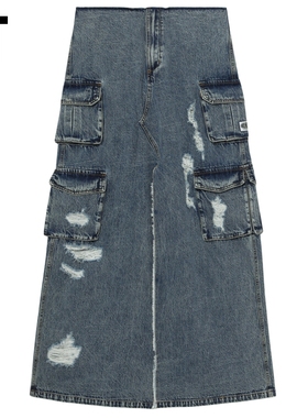 IT GROUNDZERO女装牛仔半身裙新款街潮工装风磨损开叉长裙007080