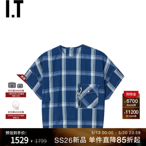 IT and wander女装格纹短袖上衣新款户外风后排扣上衣182108MQ