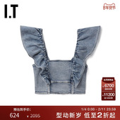 露脐衫 12745 牛仔上衣新品 甜美辣妹水洗磨白修身 GANNI女装 飞袖