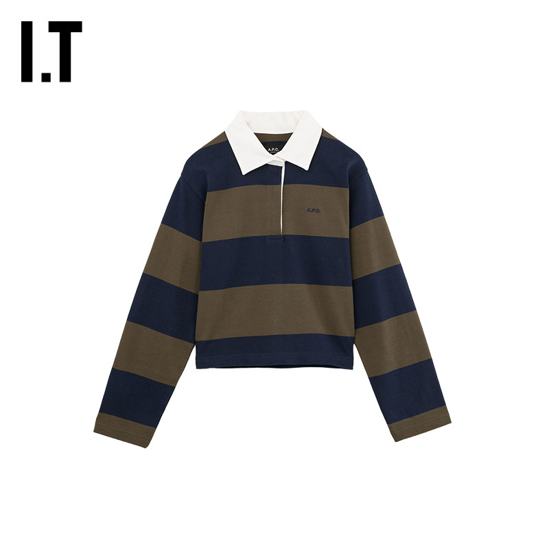 IT A.P.C.女装长袖条纹polo衫26年秋季新款时尚活力翻领拼色上衣