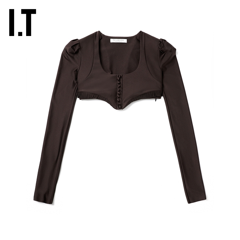 IT超短款修身露脐长袖上衣
