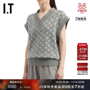 V领针织背心马甲新款 SERRE女装 满幅新月图案拼色毛背心 MARINE