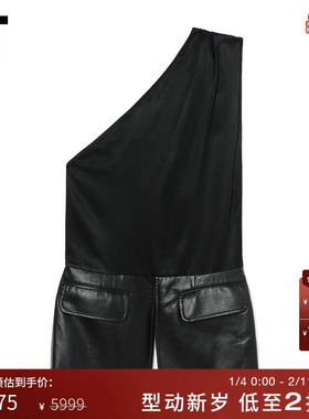 IT MATERIEL女装斜肩上衣欧美辣妹皮革感口袋拼接内搭41BLBKX