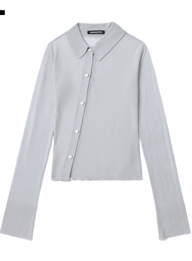 IT GROUNDZERO女装微透翻领针织衫新款性感时尚斜襟排扣薄毛衣