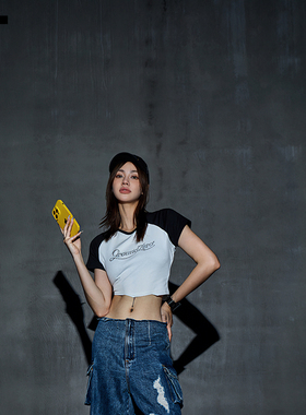 【郑秀文同款】IT GROUNDZERO女装插肩袖露脐T恤甜辣修身拼色上衣