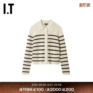 rag 新款 翻领条纹针织开衫 复古气质针织外套7B25XQ bone女装