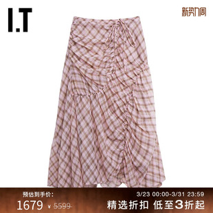 优雅时尚 格纹半身裙新品 PYO女装 不规则褶饰长裙D203PIX REJINA