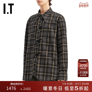 IT ROCKSTEADY男装长袖格纹衬衫新款复古文艺分割线装饰格子上衣