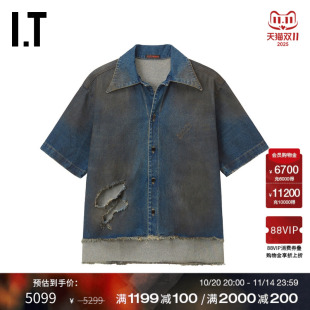 LUU 新款 DAN男装 衬衫 复古潮酷做旧毛边外搭DAWDMO 破洞牛仔短袖