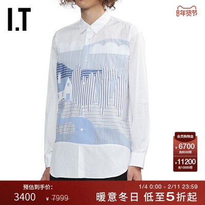 IT布贴图案缝饰翻领长袖衬衫