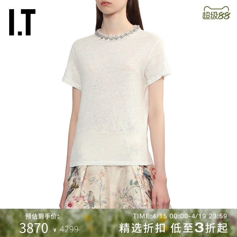 IT ZIMMERMANN女装合身短袖T恤新款水钻领口缀饰微透内搭6700TCXQ