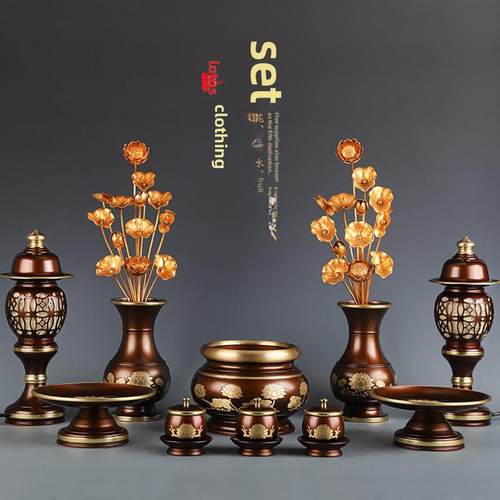 佛具一套纯铜佛具家用全套佛前香炉水杯供养盘佛灯瓶