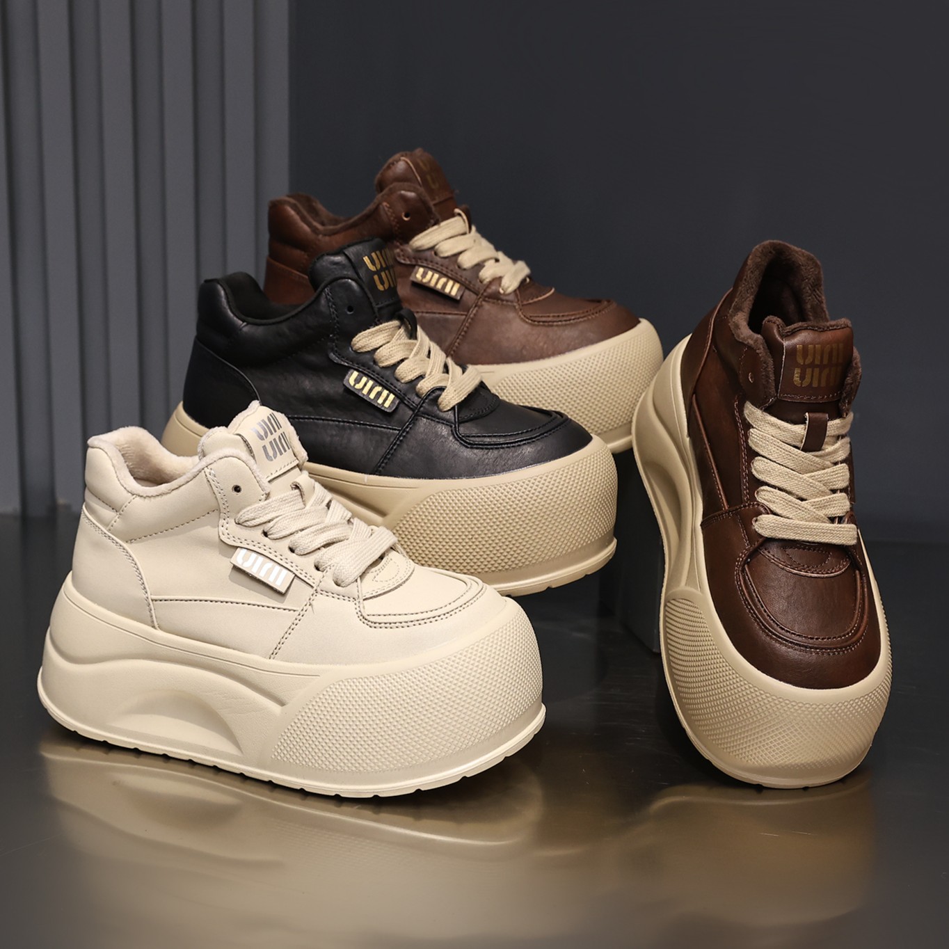 7CM厚底擦色复古高帮鞋2025新拼色休闲板鞋百搭增高时尚运动鞋潮