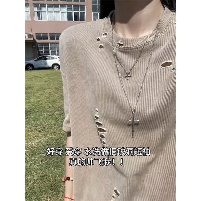 美式做旧破洞短袖男款夏