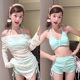 泳衣女新款高级感甜美少女风长袖防晒罩衫分体平角三件套度假温泉