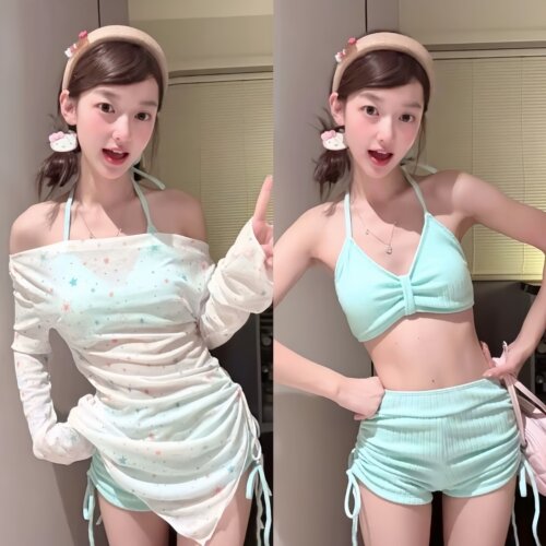 度假甜美少女长袖分体三件套泳衣