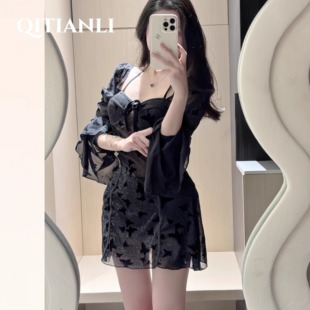 泳衣女新款高级感分体平角长袖裙式两件套纯欲风显瘦遮肚度假温泉
