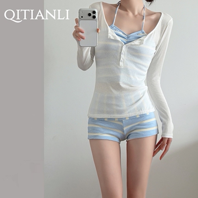 条纹分体平角遮肉纯欲甜美泳衣