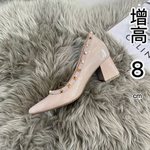 铆钉粗跟加内增时尚 女通勤 经典 浅口尖头漆皮气质高跟单鞋
