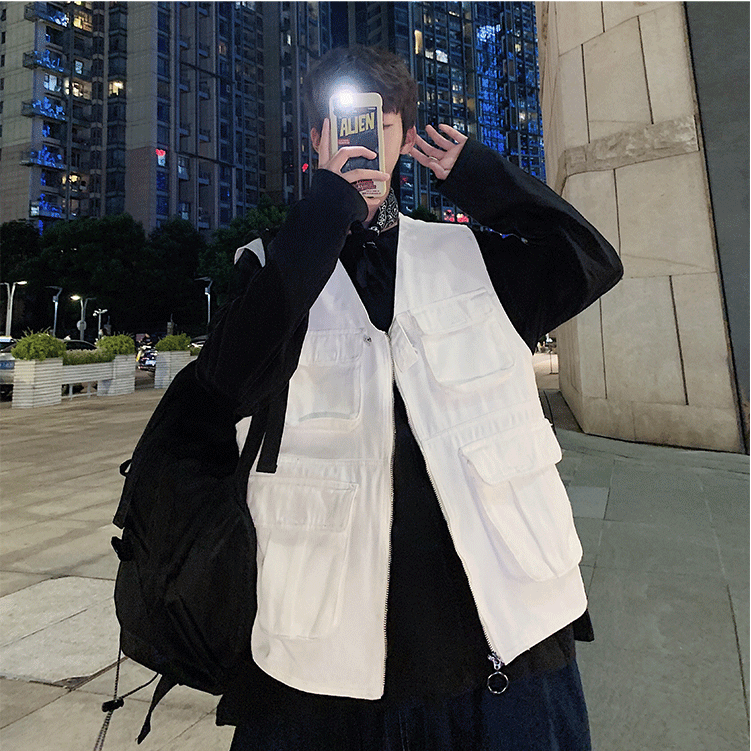 网红街拍多口袋工装马甲男女日系机能港风ins原宿风背心发型师潮