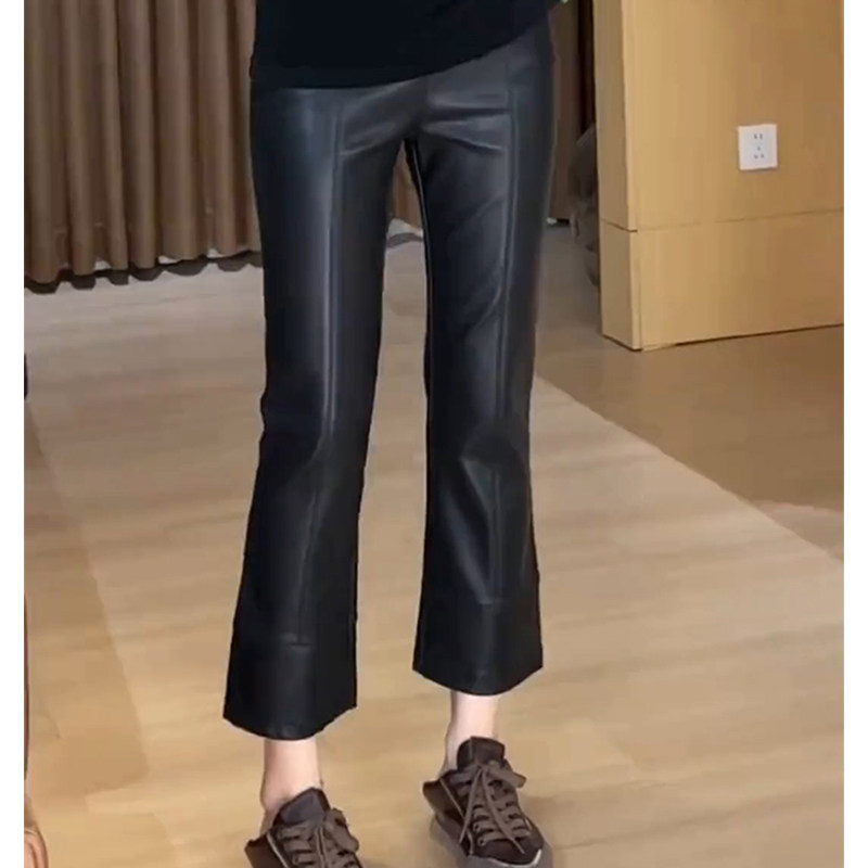 黑色皮裤女2026秋冬新款小个子九分高腰烟管直筒裤显瘦微喇裤