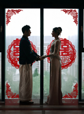 窗户喜字贴玻璃布置婚房背景墙植绒红色订婚结婚专用全套拍照道具
