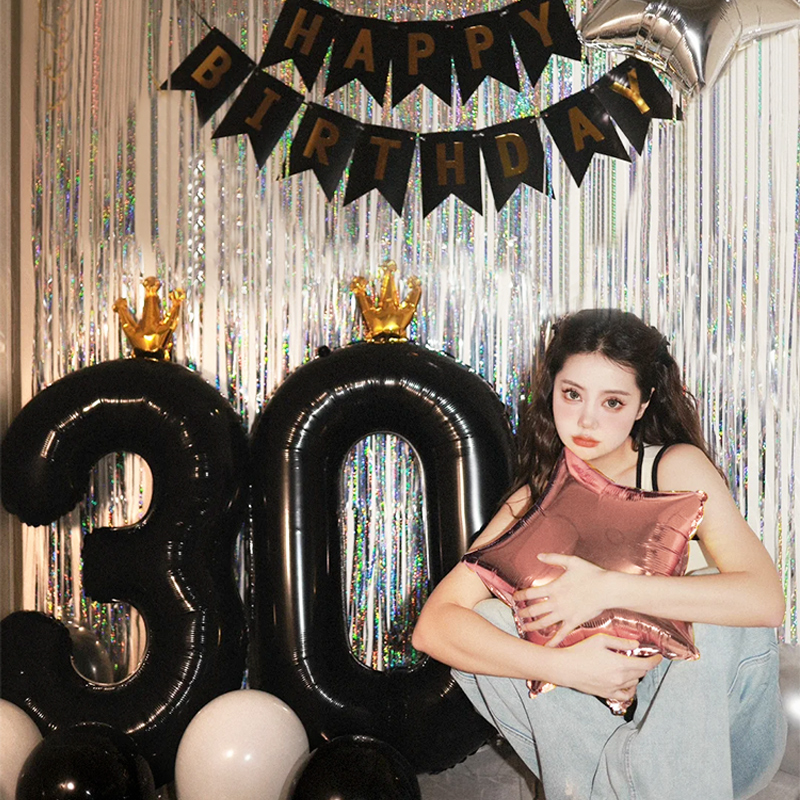 黑色皇冠数字气球生日拍照道具