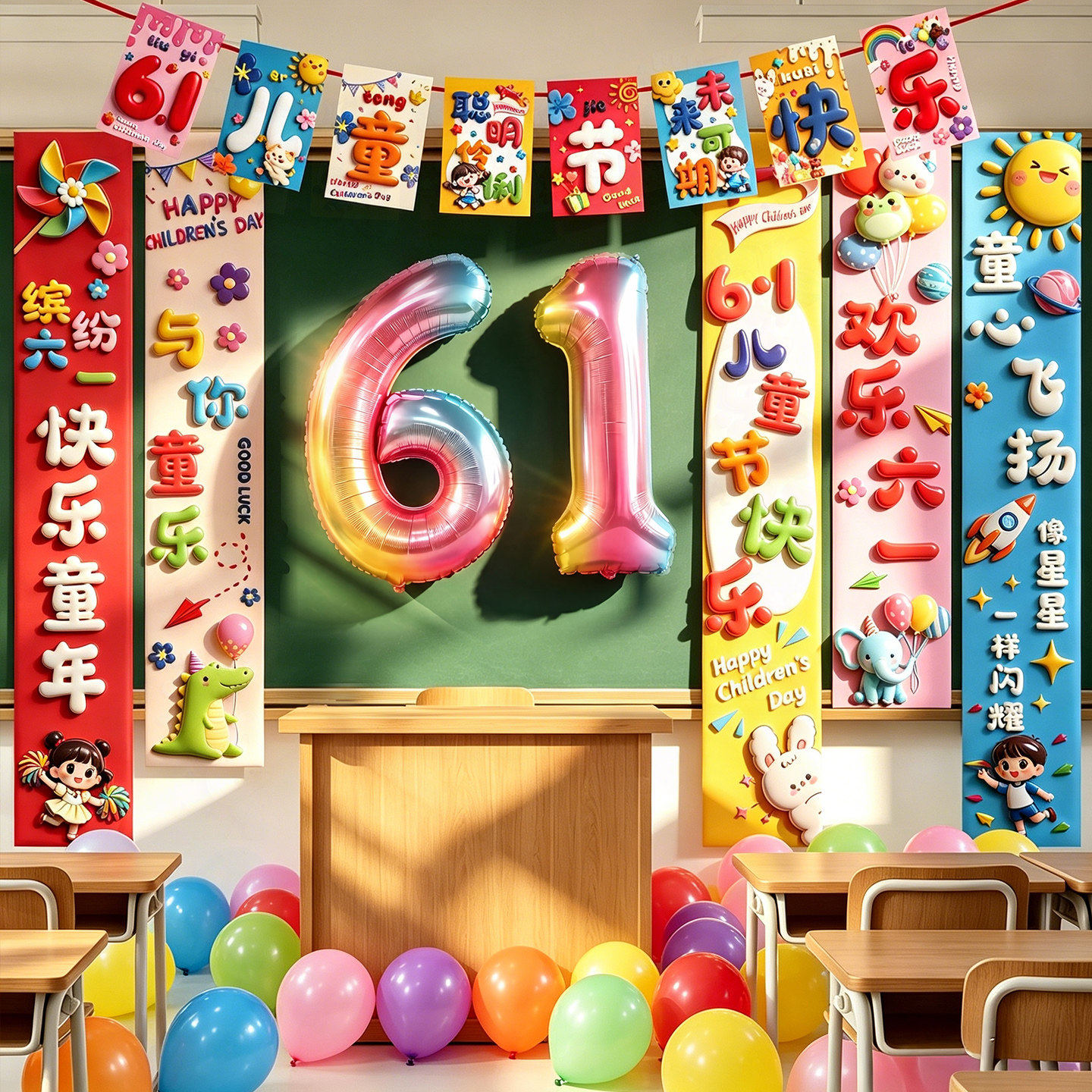 六一场景布置小学教室布置黑板挂饰幼儿园儿童节装饰气球拍照道具