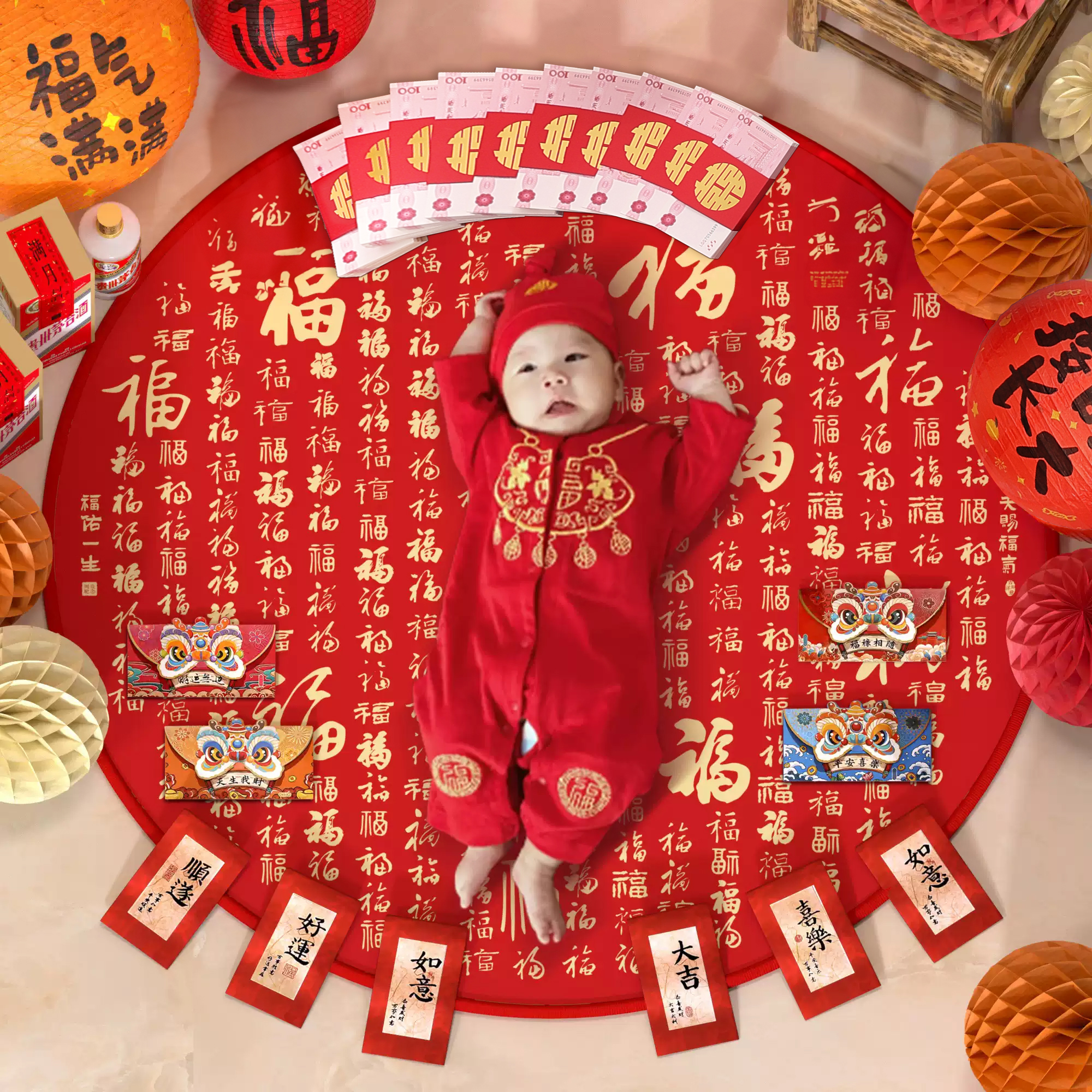 床上百天满月布置仪式感拍照道具