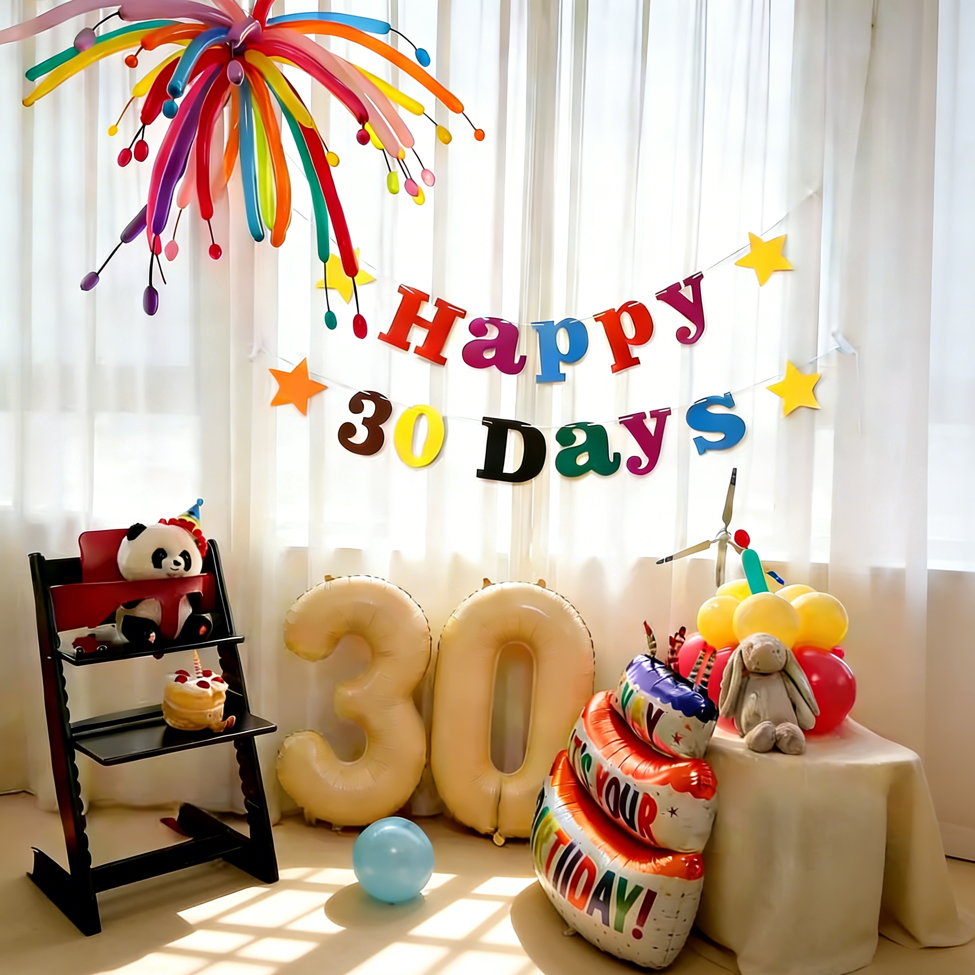 宝宝满月百天家里场景数字长条气球仪式感布置背景墙装饰拍照道具
