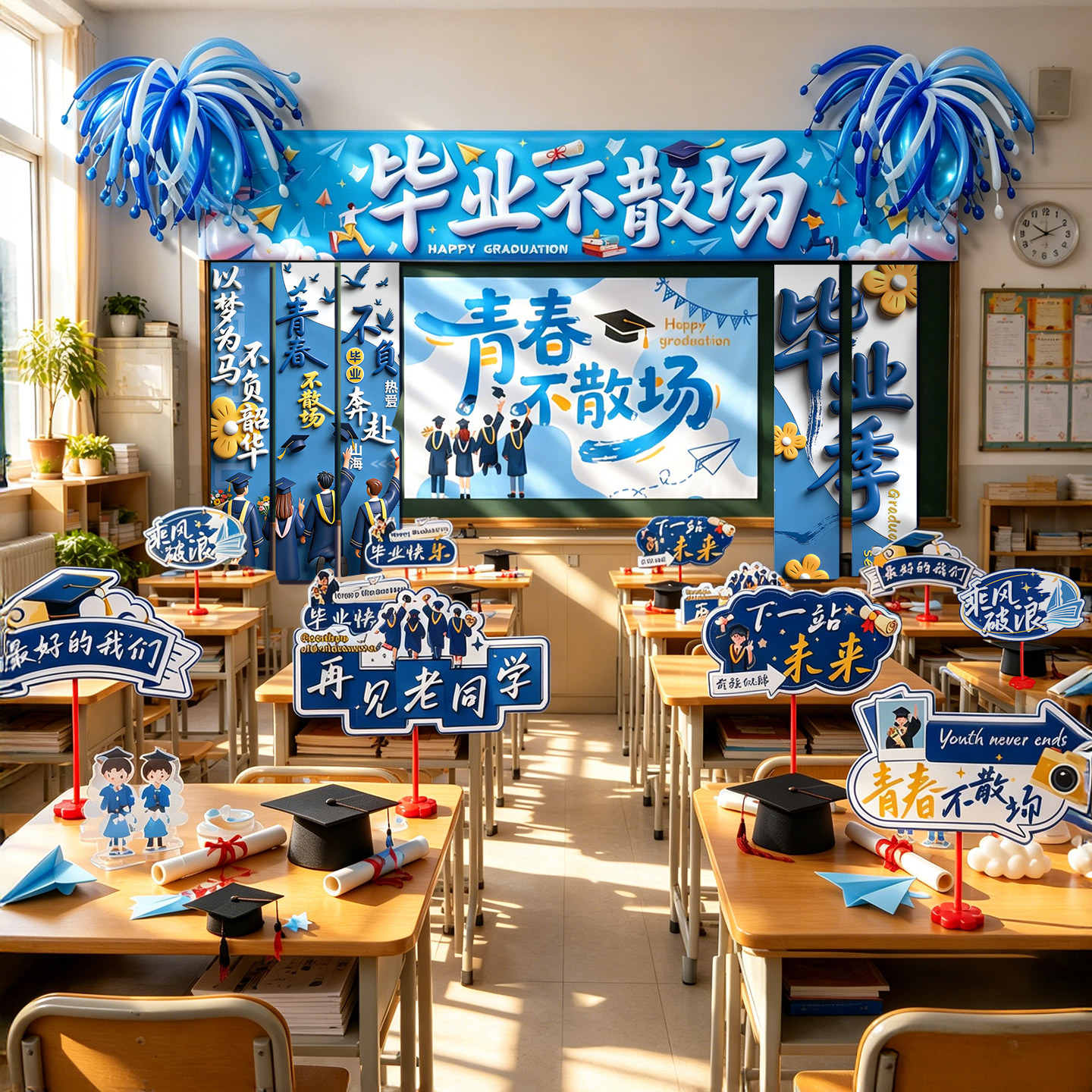 毕业典礼场景布置班级教室黑板幼儿园小学装饰气球晚会六年级初中