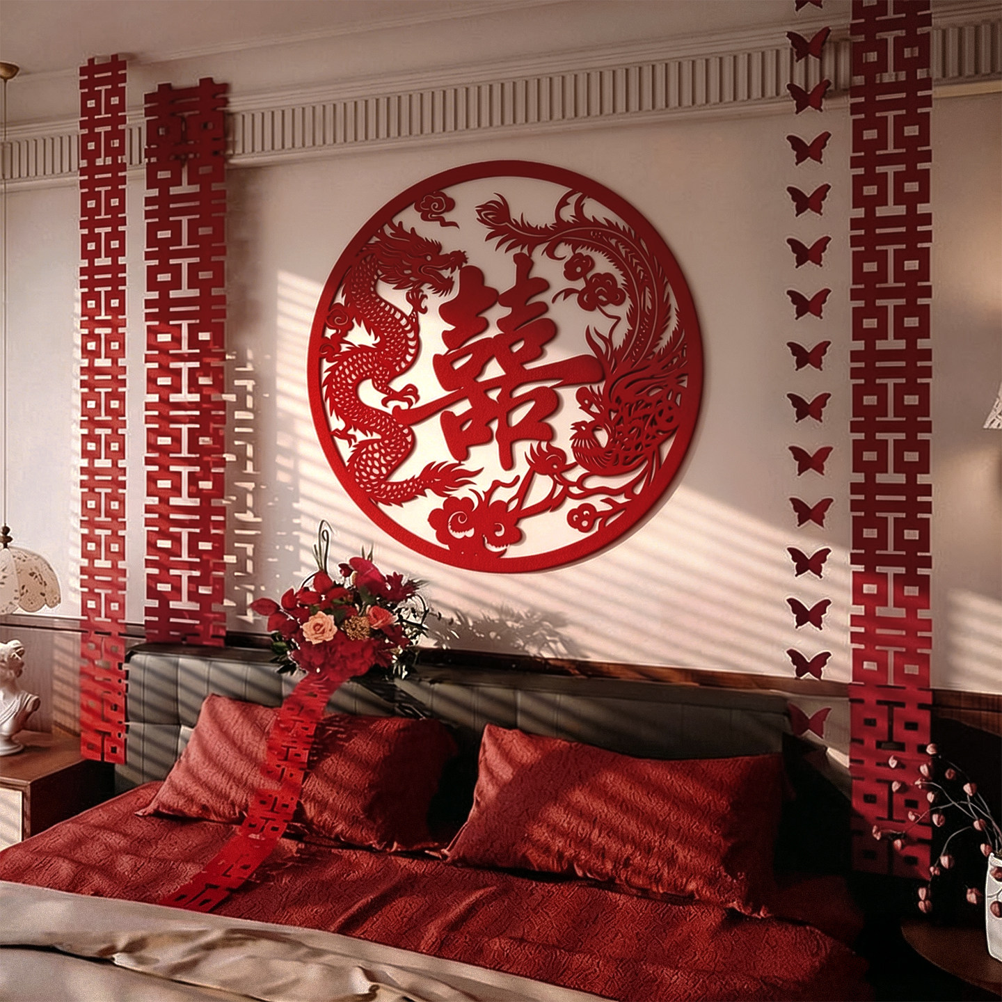 喜字拉花套装男女方卧室结婚装饰客厅布置简单大气婚礼婚房背景墙