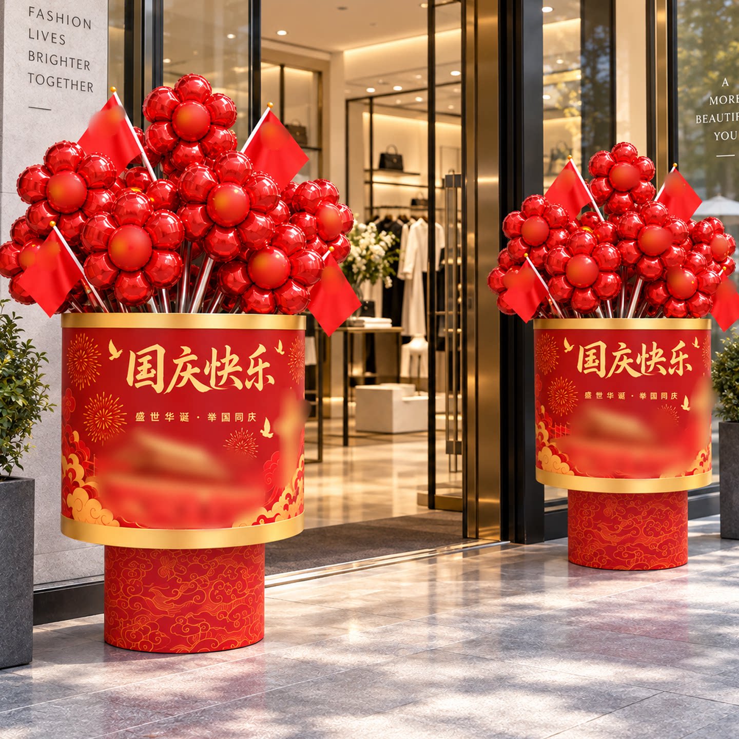 国庆中秋节抱抱桶花束气球装饰氛围场景布置店铺门口拍照道具氛围