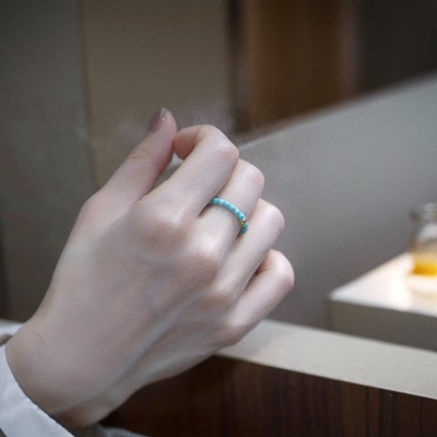 原矿绿松石小米珠素圈南红戒指18k金爆闪珠绿松戒指叠戴百搭文艺