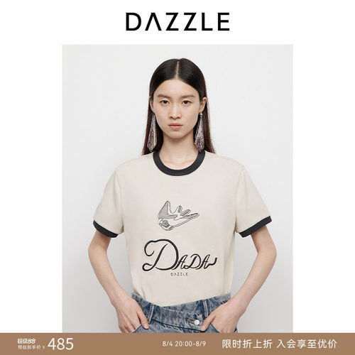 DAZZLE地素奥莱短袖T恤25春米白色复古撞色燕子刺绣T恤上衣女