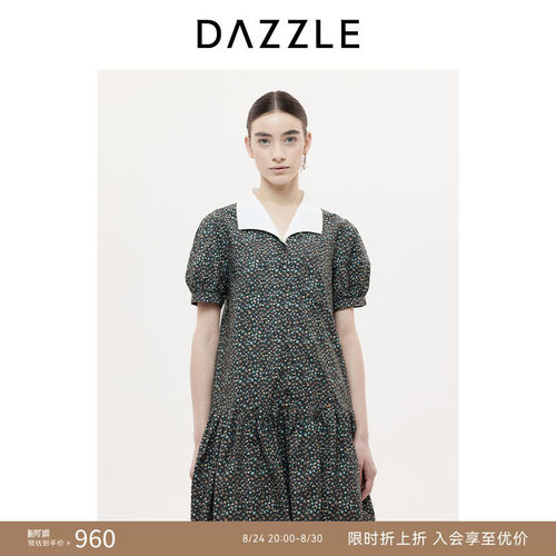 DAZZLE 地素奥莱连衣裙秋季黑色蝴蝶结碎花连衣裙