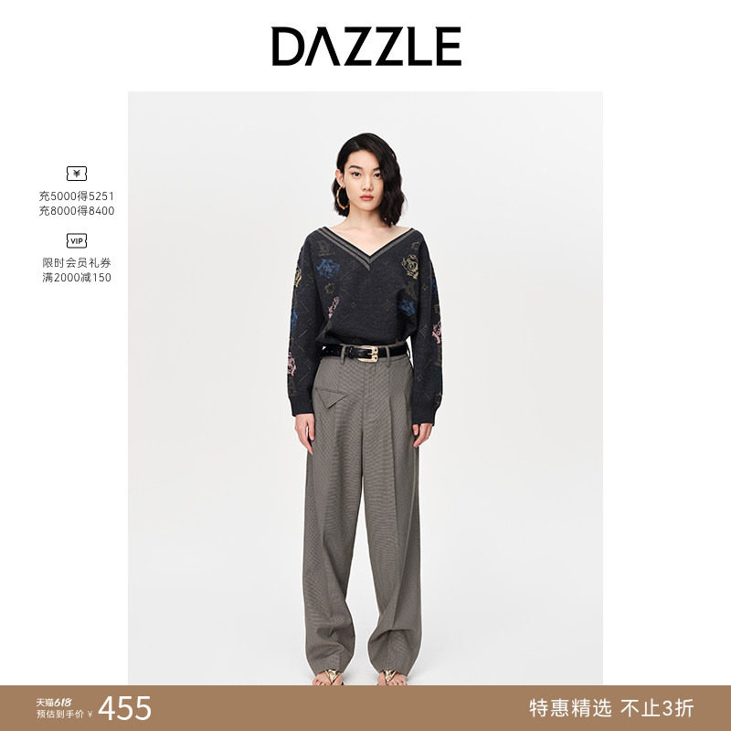 DAZZLE地素奥莱春秋法式慵懒宽松V领提花套头针织毛衣女上衣