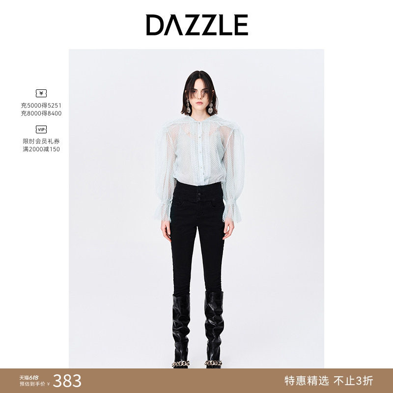DAZZLE地素奥莱春秋法式翻领网纱波点泡泡袖衬衫上衣女