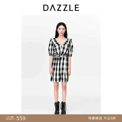 DAZZLE地素格纹短袖连衣裙