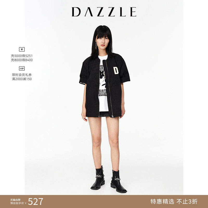 DAZZLE地素奥莱春夏款复古宽松休闲中长款短袖夹克棒球服外套女