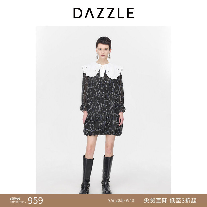 【奥莱专供】DAZZLE地素奥莱  连衣裙春秋女装镂空珠片花布短裙图片