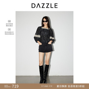 DAZZLE地素奥莱 衬衫春秋女装蕾丝拼接印花上衣