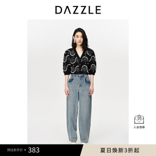 毛衣上衣外套女 DAZZLE地素奥莱新年春夏黑色提花镂空针织开衫