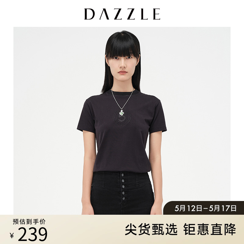 DAZZLE地素奥莱黑色字母刺绣休闲短袖T恤女2D4B3061A