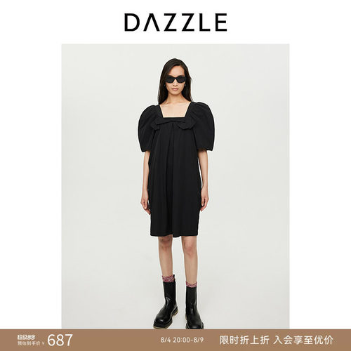 DAZZLE地素奥莱 连衣裙秋季女装法式蝴蝶结方领泡泡袖短裙