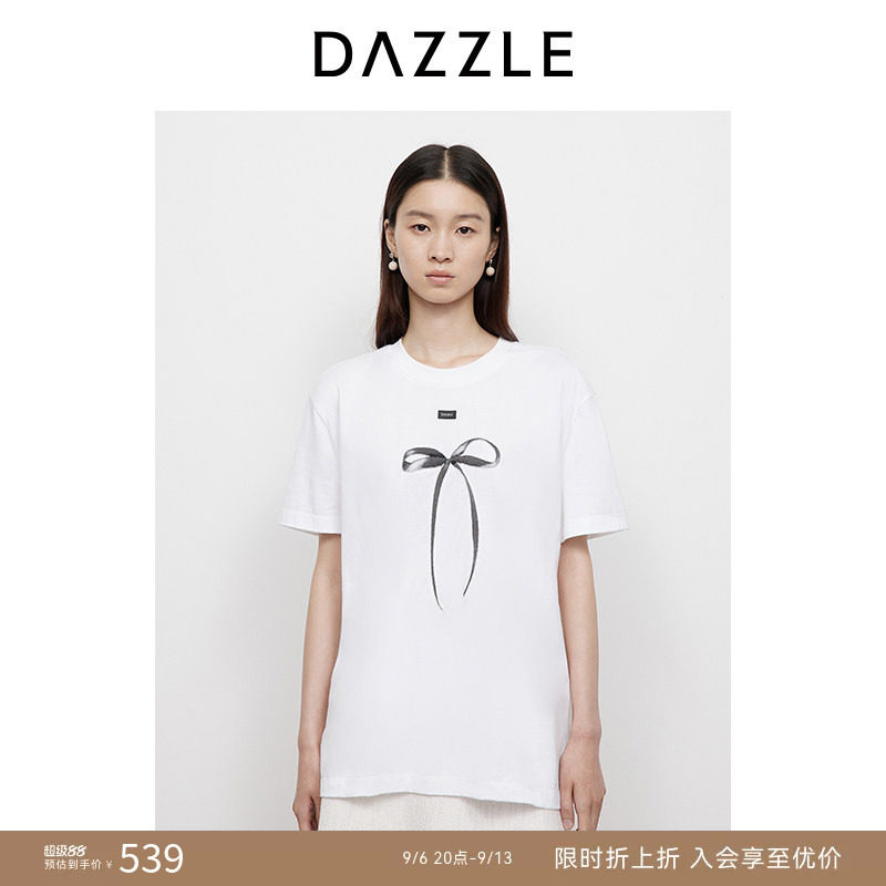 DAZZLE 地素奥莱短袖T恤2025年春季漂白色蝴蝶结印花T恤图片