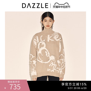 DAZZLE米奇系列 地素奥莱春季针织提花高领套头毛衣女